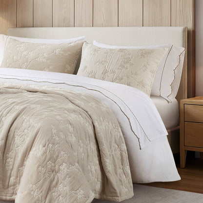 Catalina Botanical 3 Piece Jacquard Cotton Gauze Quilt Set