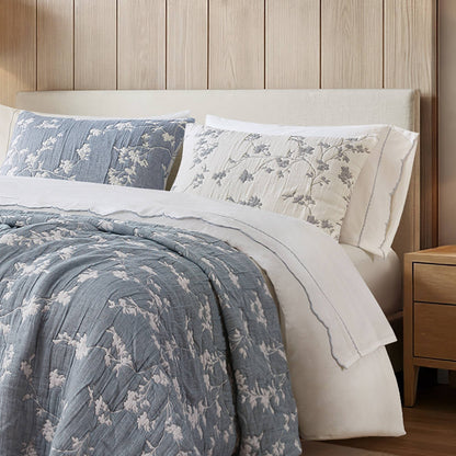 Catalina Botanical 3 Piece Jacquard Cotton Gauze Quilt Set