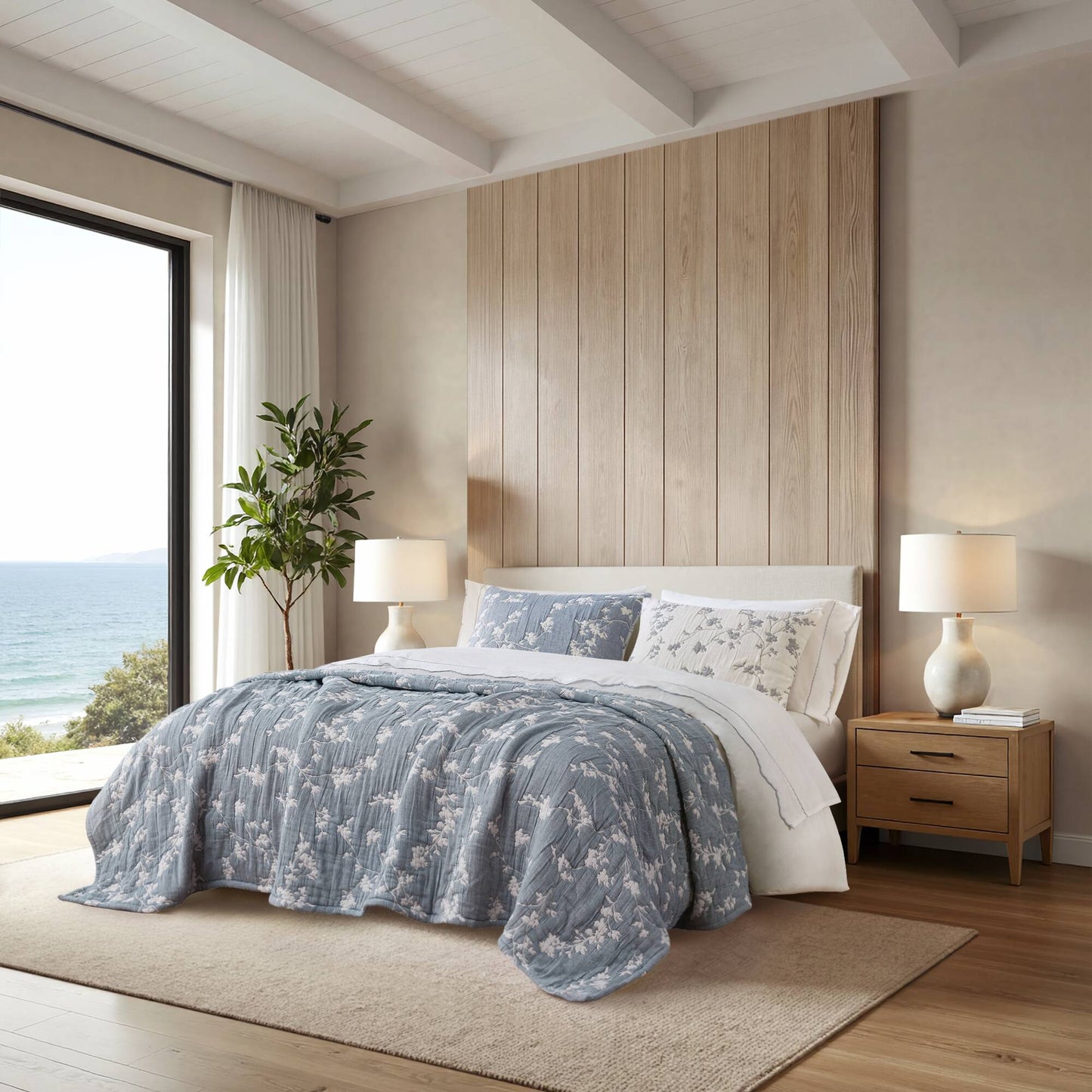 Catalina Botanical 3 Piece Jacquard Cotton Gauze Quilt Set