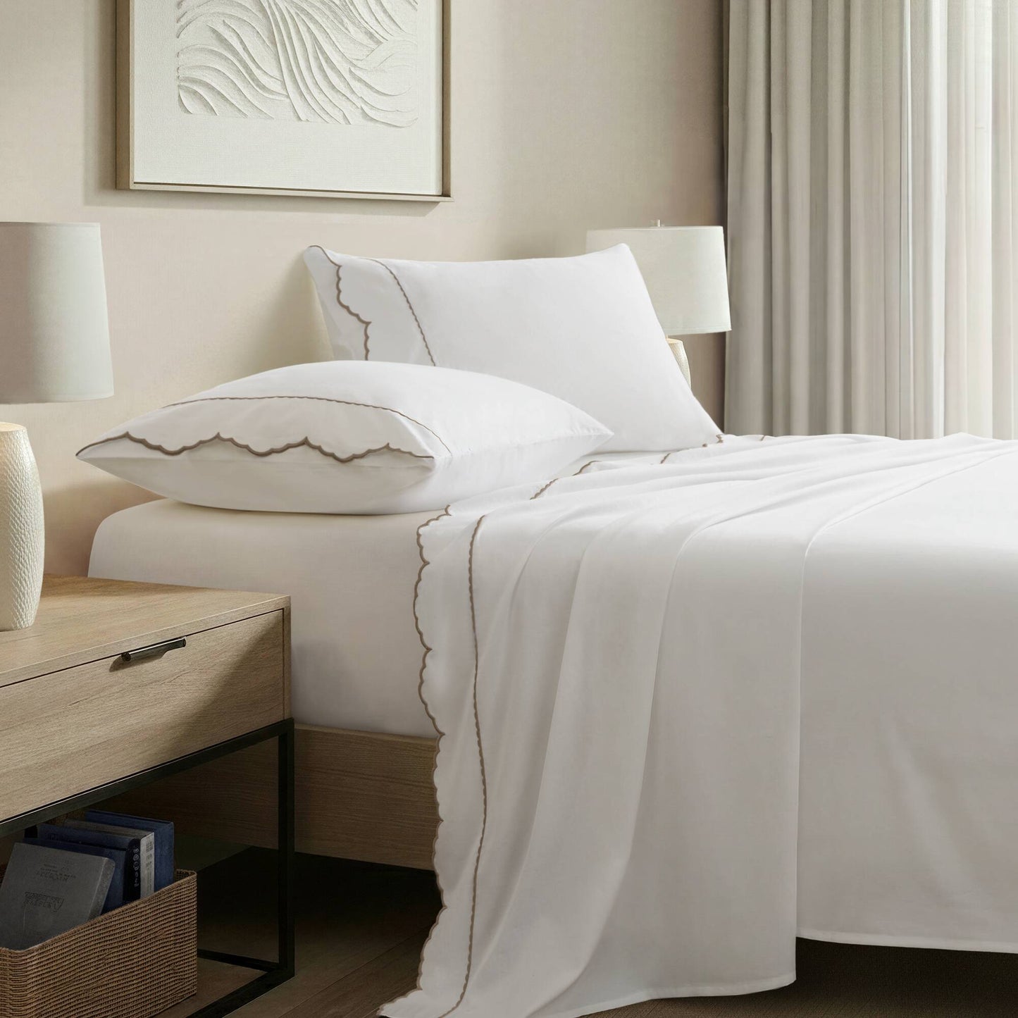Brielle Scalloped Edge 4 Piece Cotton Sheet Set