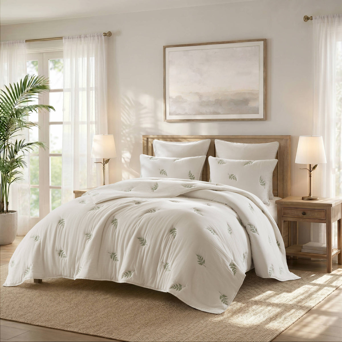Willow Embroidered Botanical 100% Cotton Lightweight 3-Piece Quilt Set