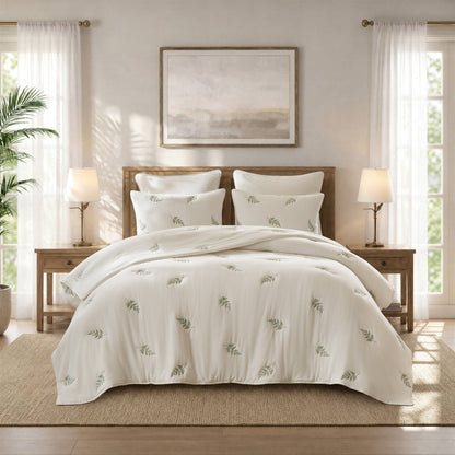 Willow Embroidered Botanical 100% Cotton Lightweight 3-Piece Quilt Set