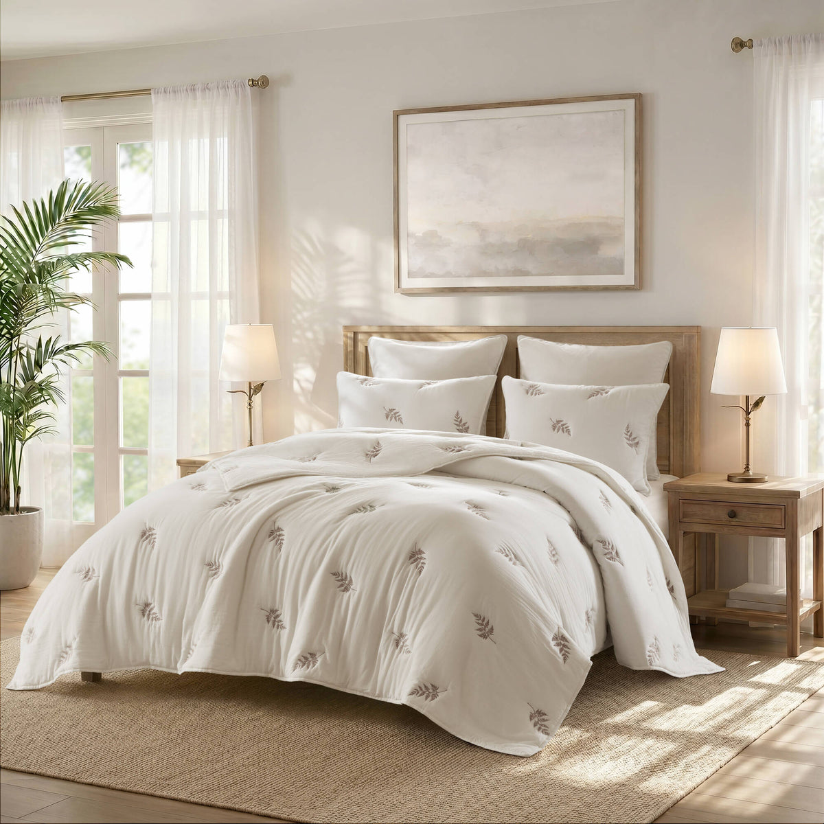 Willow Embroidered Botanical 100% Cotton Lightweight 3-Piece Quilt Set